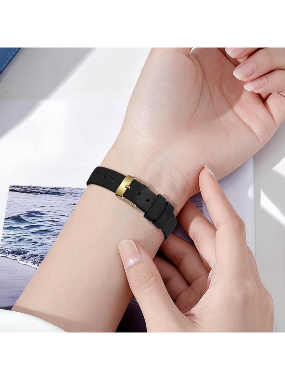 Women's All Black Elegant Classic Small Gold Leather Stylish Ladies Wrist Watch - Picture 6 of 7